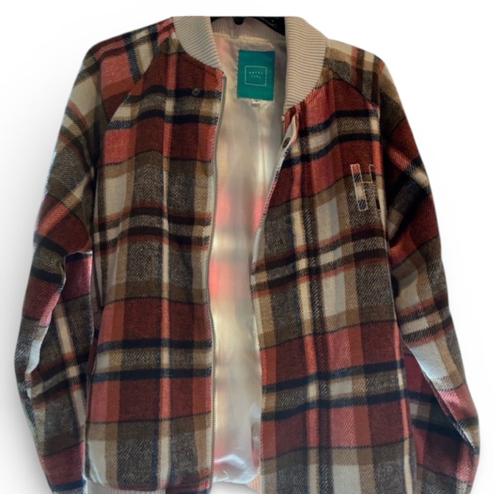 HOTEL 1171 - Plaid Bomber Jacket - Orange, Brown, Cream - Size Small
